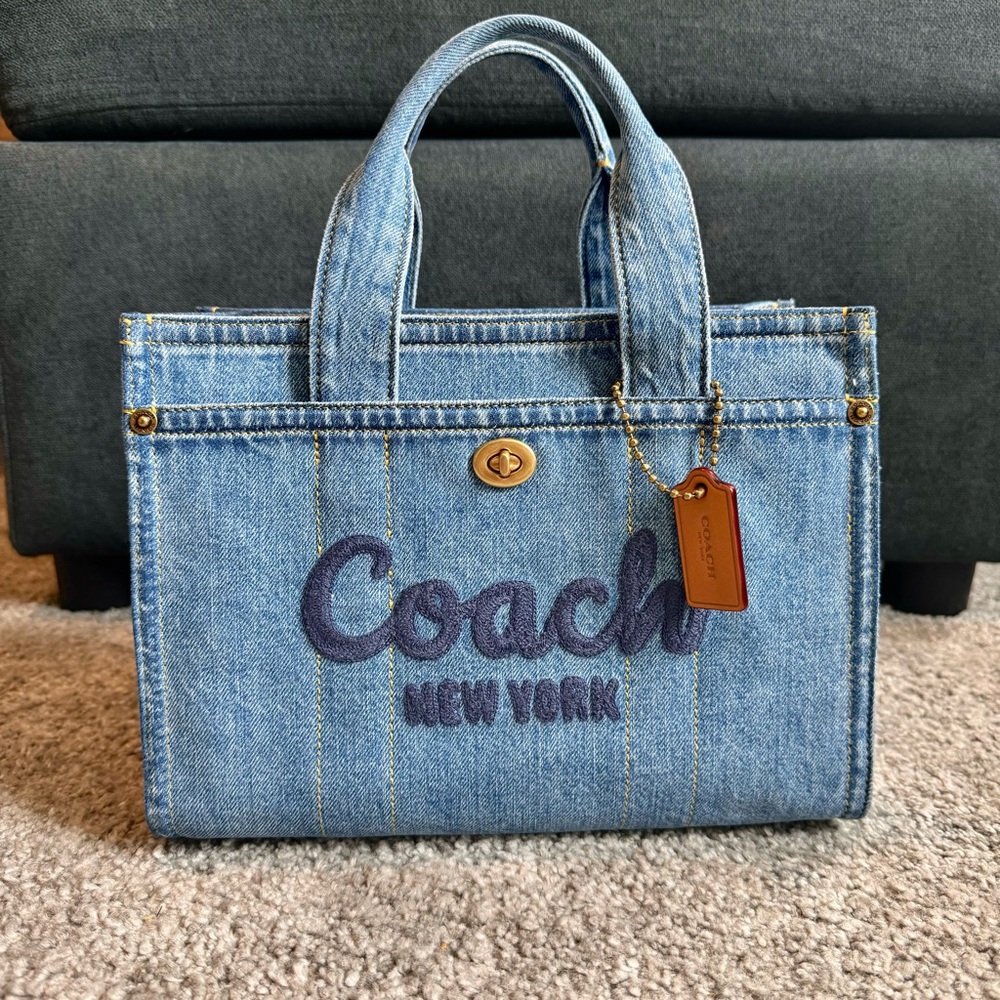 Coach Denim Blue Logo Tote with Tan Leather Tag